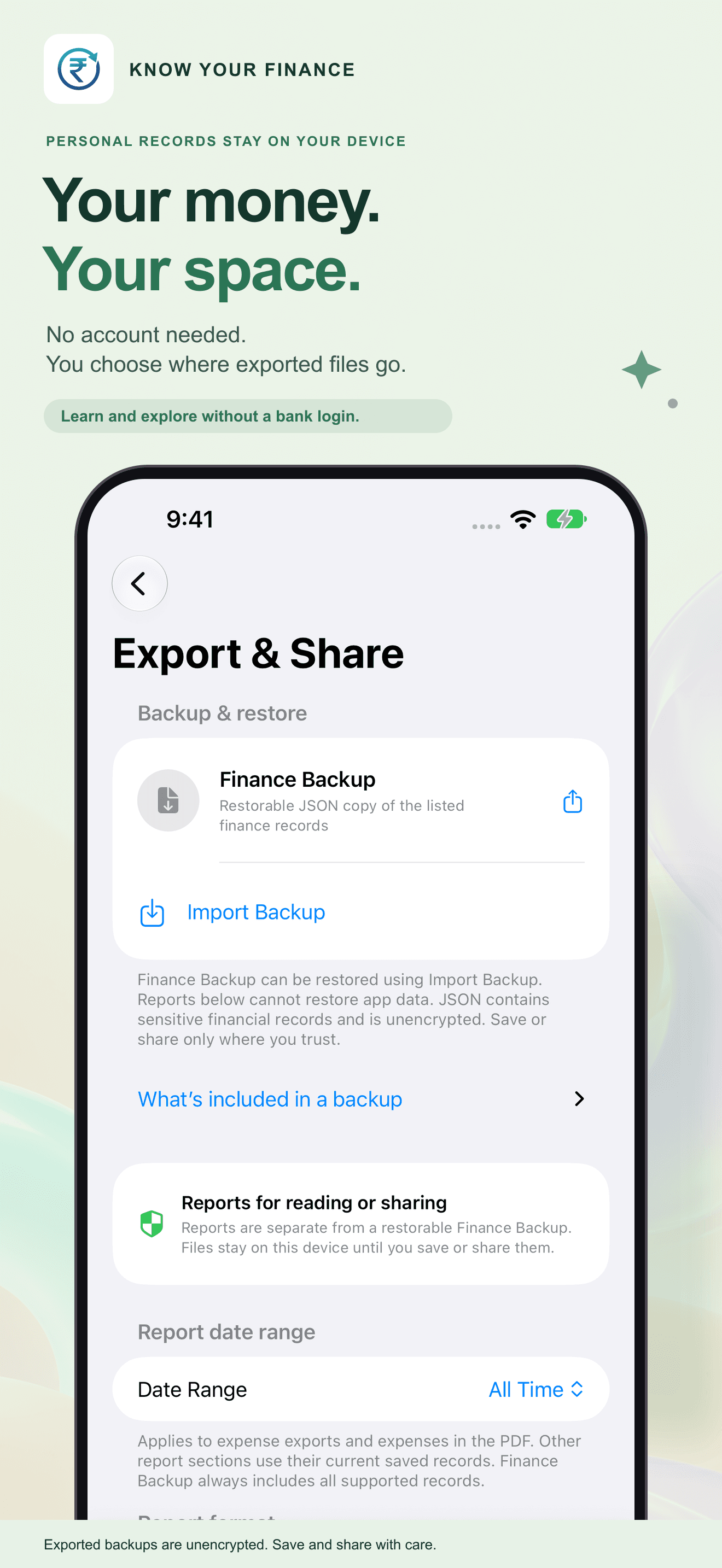 Version 2.2 backup and export screen with sensitive unencrypted JSON warning