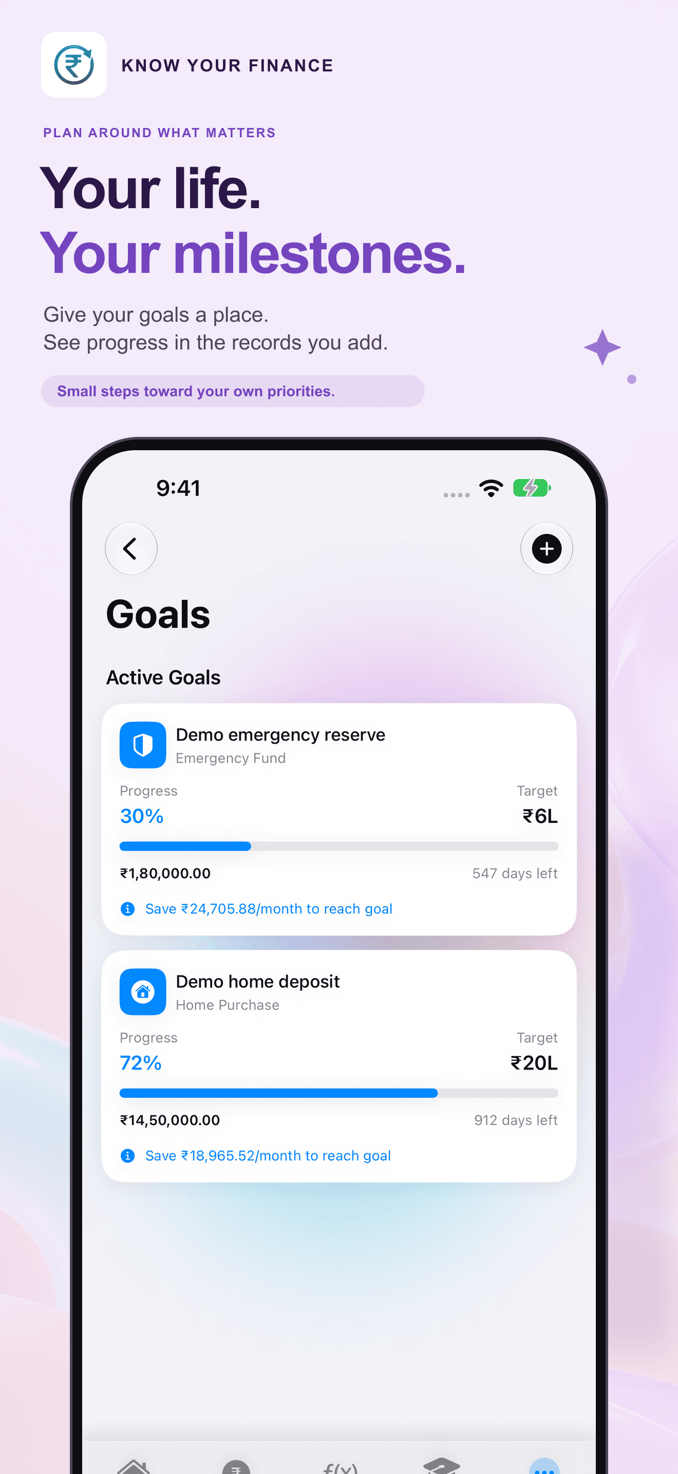 Version 2.2 goals showing fictional emergency reserve and home deposit progress