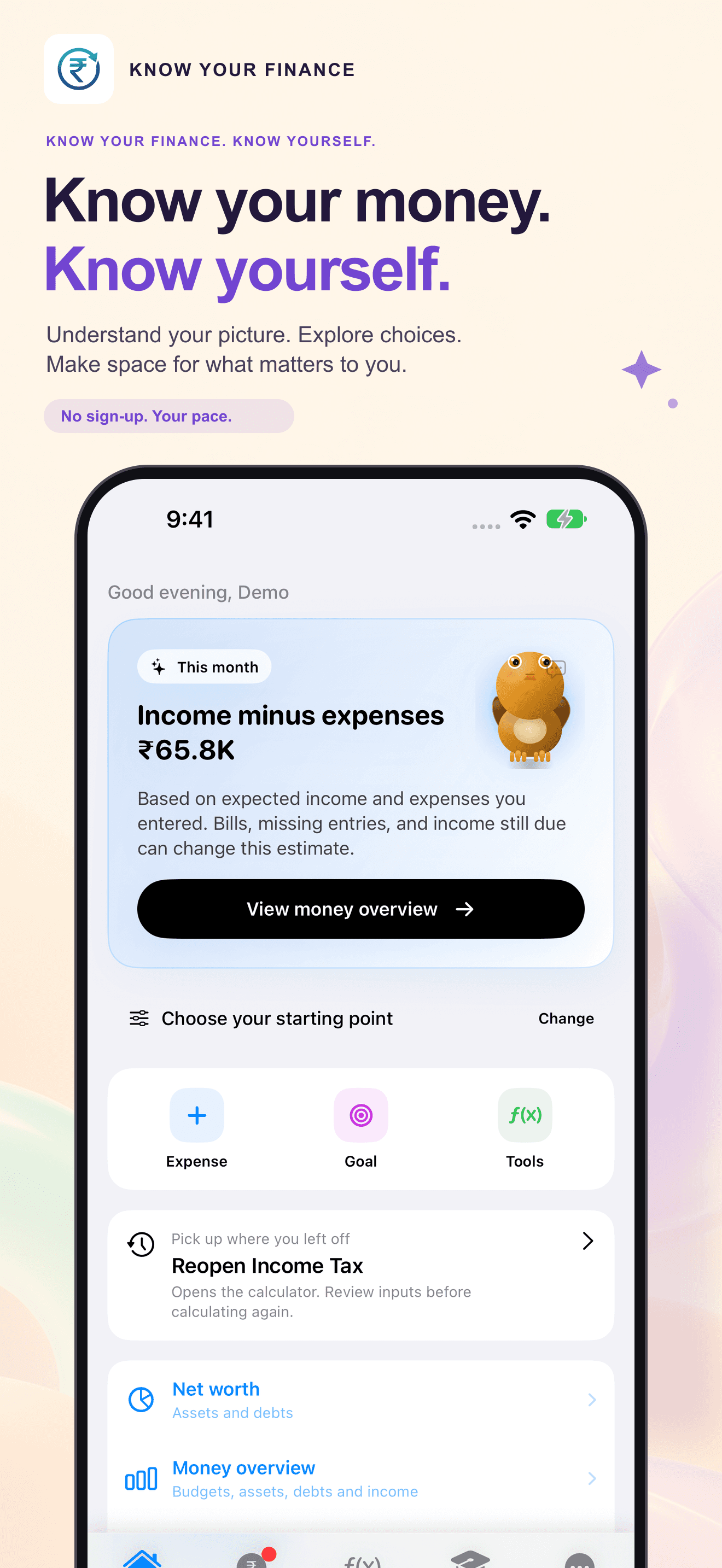 Version 2.2 Home with Rupy, a recorded money overview and optional starting focus