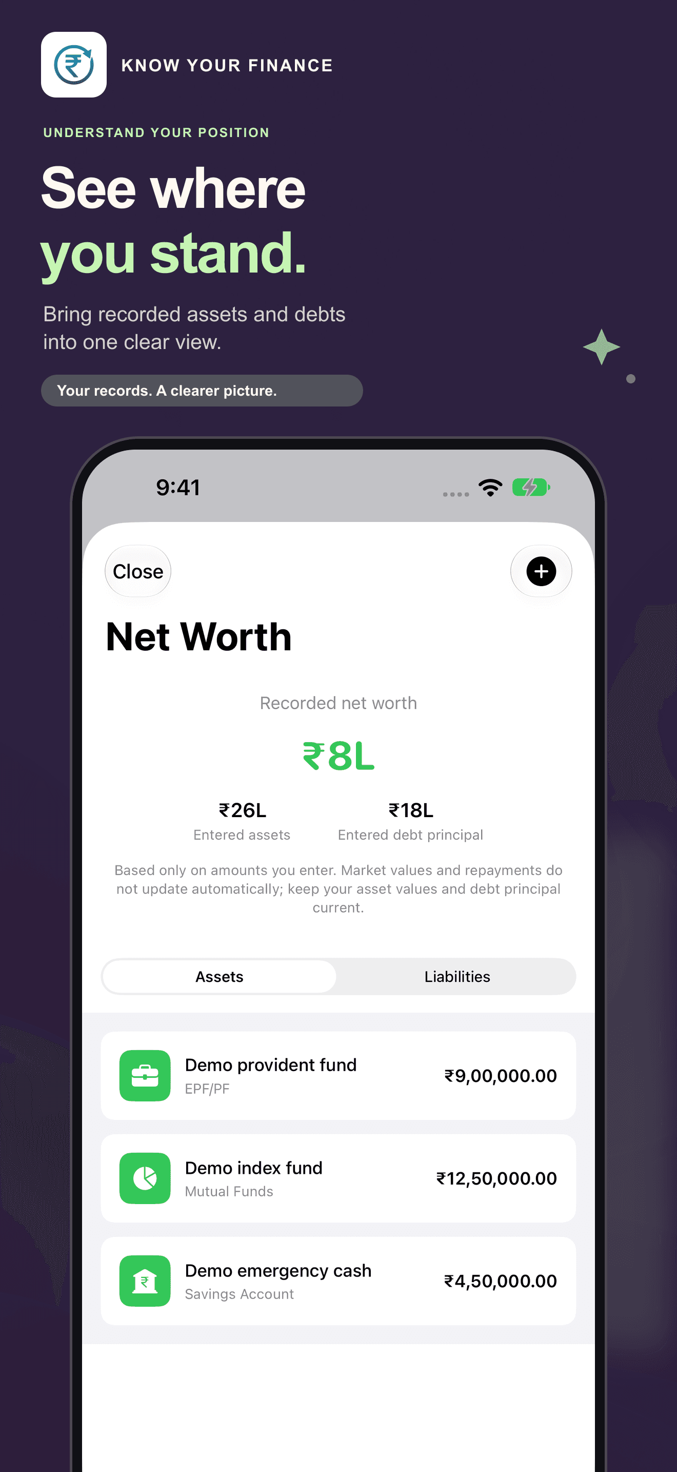 Version 2.2 recorded net worth with entered assets, debts and manual update explanation