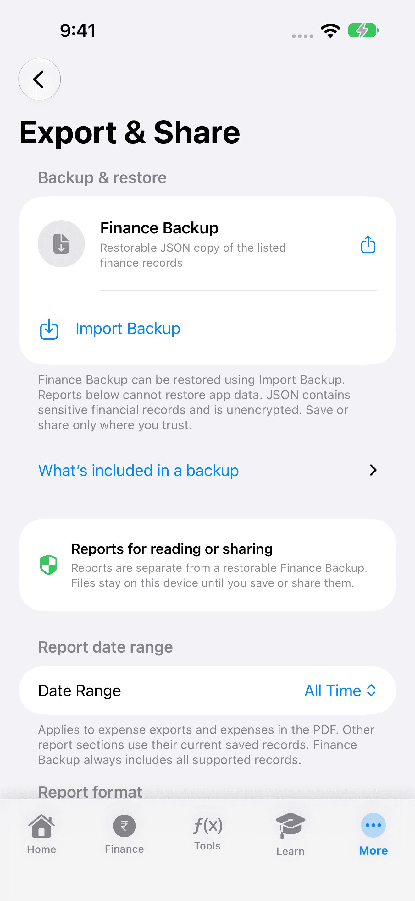 2.2 Backup and export screen with Finance Backup, Import Backup and unencrypted export warning