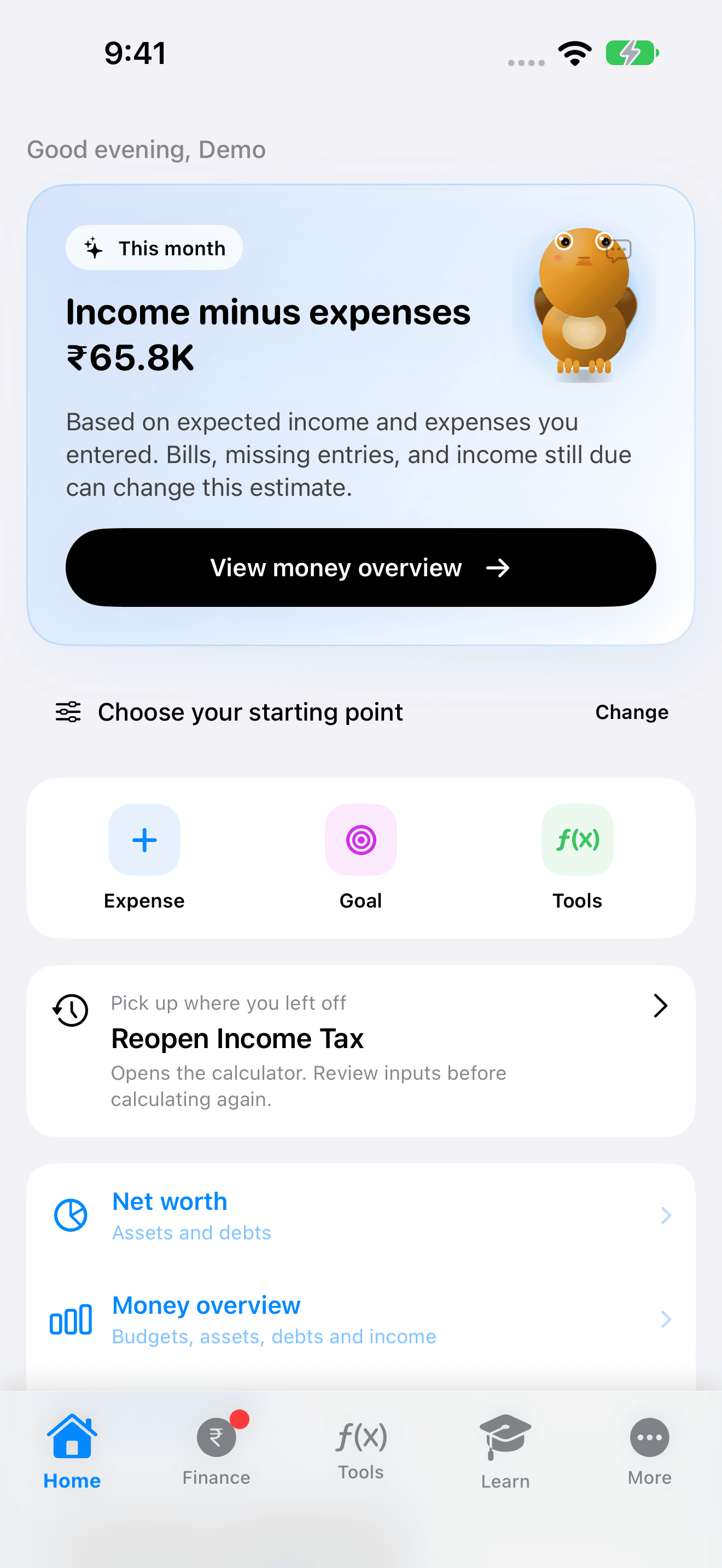 Version 2.2 Home with Rupy, money overview and optional starting focus
